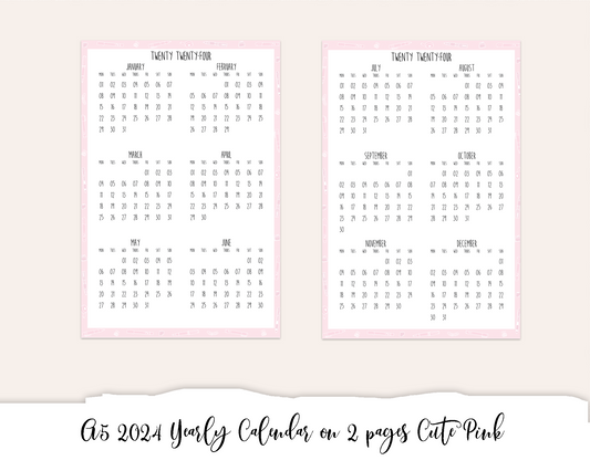 A5 2024 Yearly Calendar on 2 pages Cute Pink (Full Page Printable Stickers)