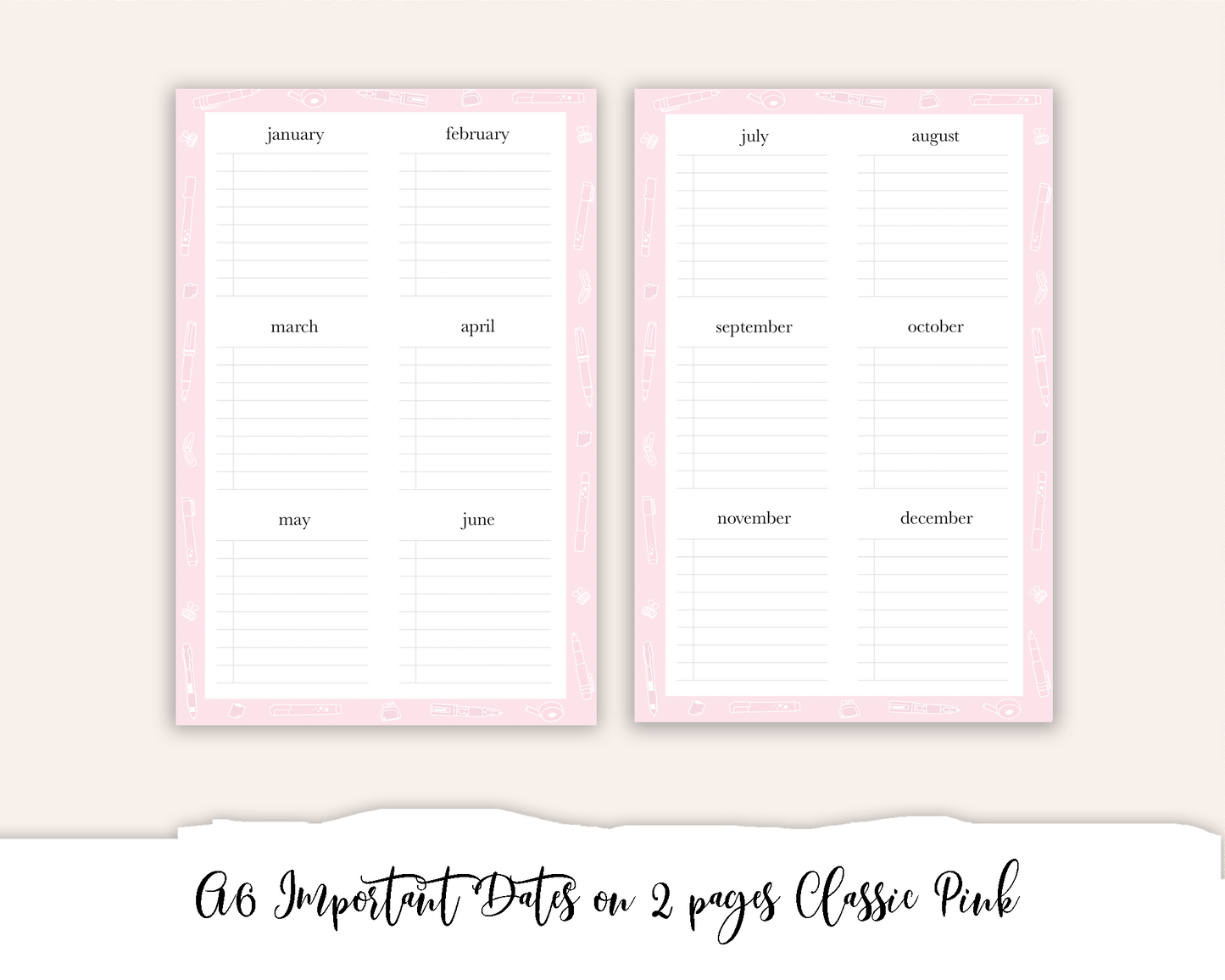 A6 Hobonichi Important Dates on 2 Pages Classic Pink (Full Page Printable Stickers)