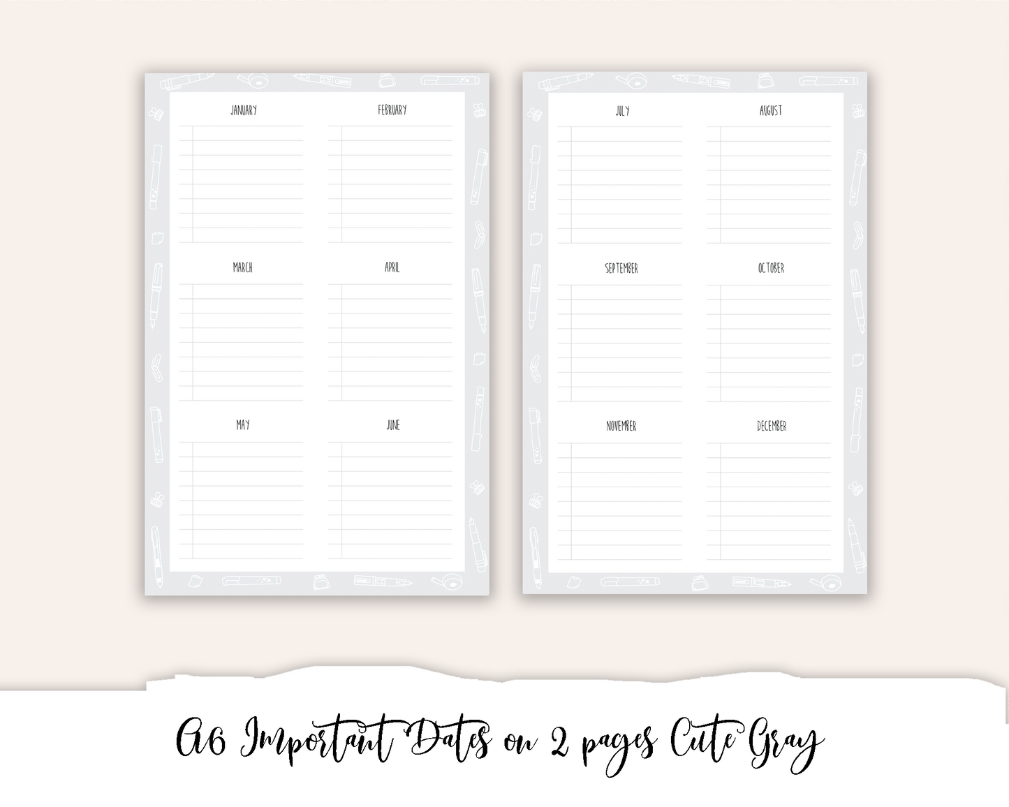 A6 Hobonichi Important Dates on 2 Pages Cute Gray (Full Page Printable Stickers)