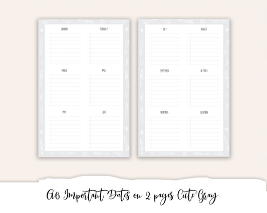 A6 Hobonichi Important Dates on 2 Pages Cute Gray (Full Page Printable Stickers)