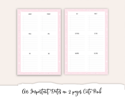 A6 Hobonichi Important Dates on 2 Pages Cute Pink (Full Page Printable Stickers)