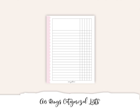 A6 Rings Categorized Lists Tracker Checklist Printable