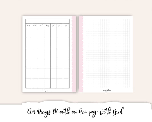 A6 Rings Month on One Page Grid MON start Printable