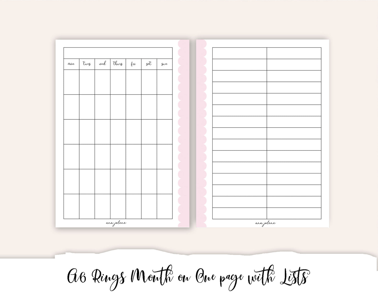 A6 Rings Month on One Page List MON start Printable