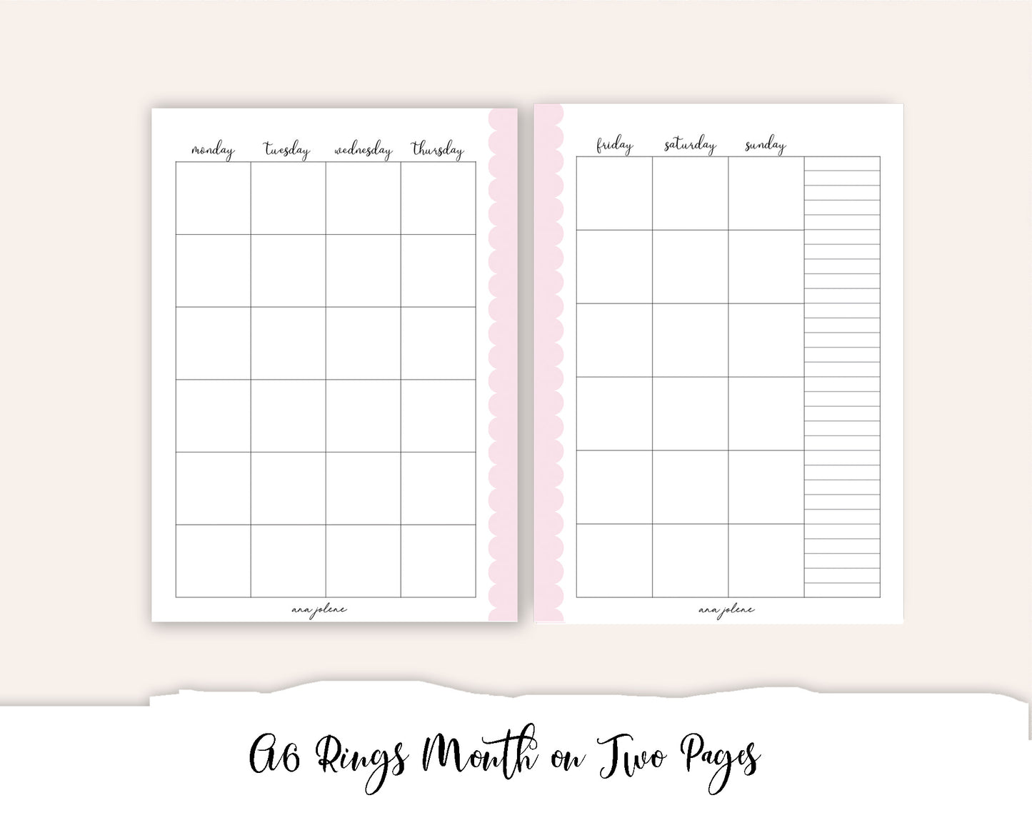 A6 Rings Month on Two Pages MON start (Monthly Calendar) Printable