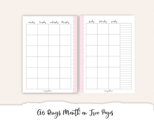 A6 Rings Month on Two Pages MON start (Monthly Calendar) Printable