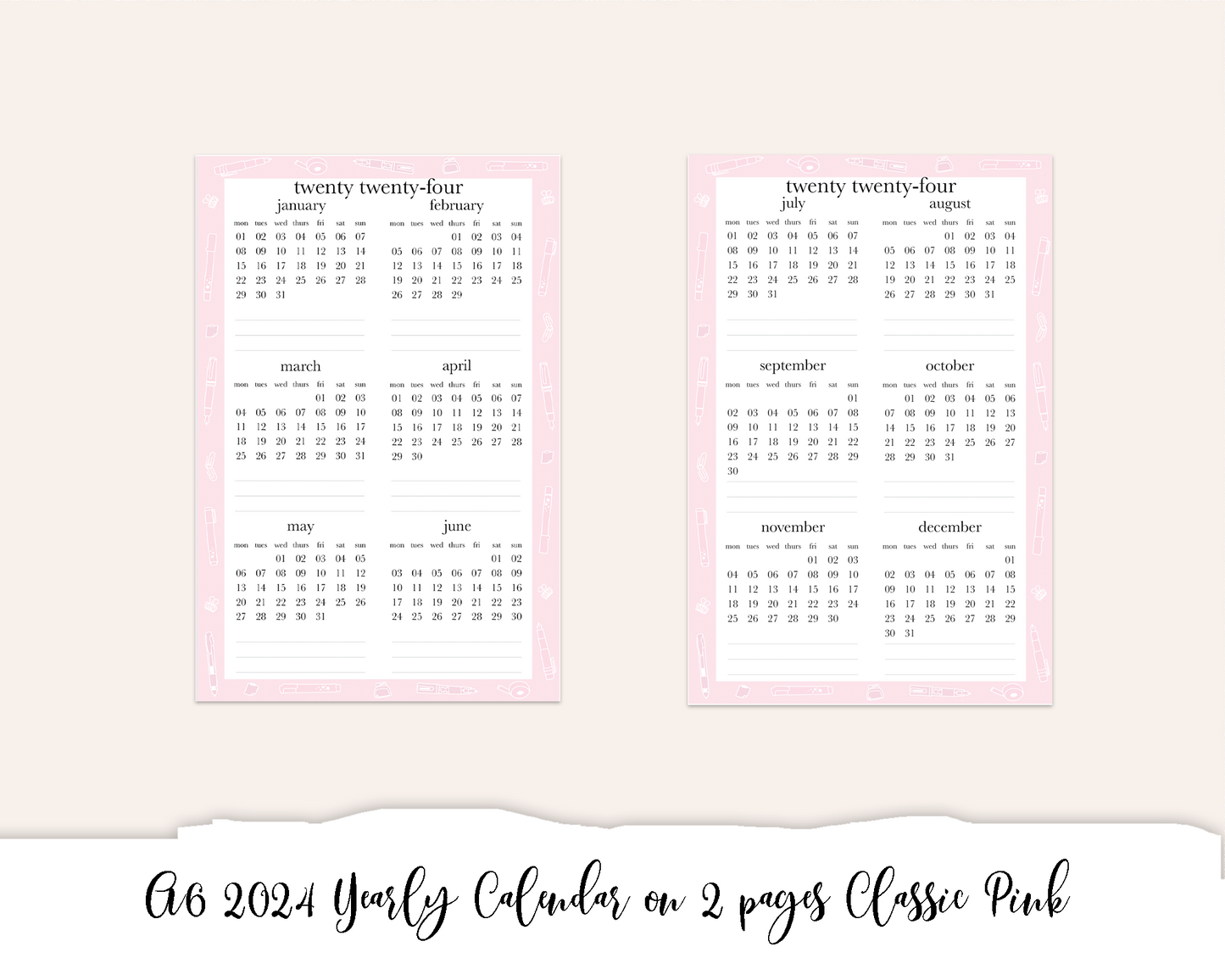 A6 2024 Yearly Calendar on 2 pages Classic Pink (Full Page Printable Stickers)