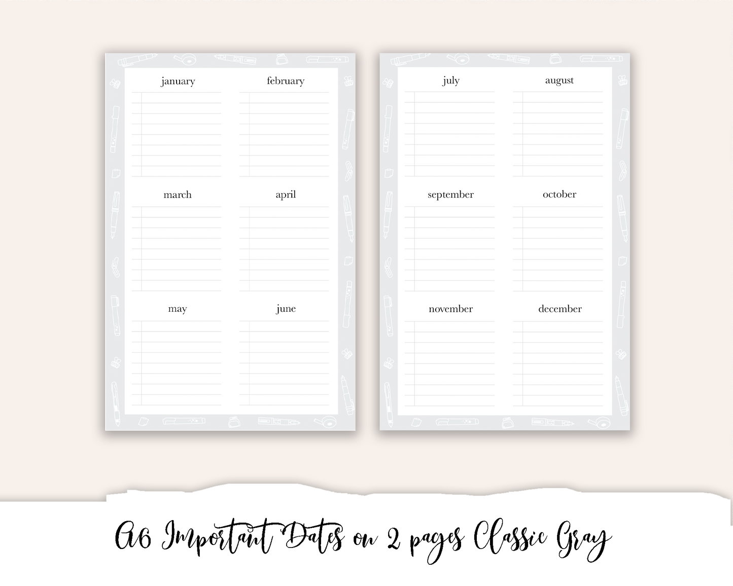 A6 Hobonichi Important Dates on 2 Pages Classic Gray (Full Page Printable Stickers)