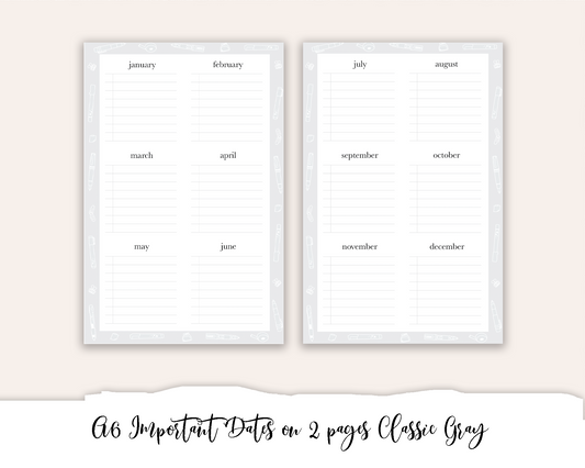 A6 Hobonichi Important Dates on 2 Pages Classic Gray (Full Page Printable Stickers)