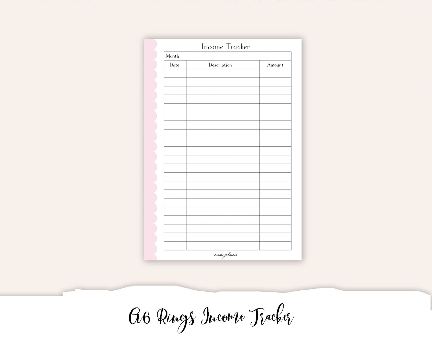 A6 Rings Income Tracker Printable