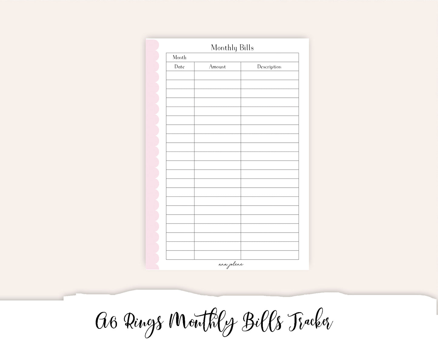 A6 Rings Monthly Bill Tracker Printable