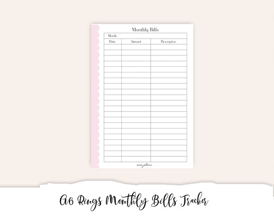 A6 Rings Monthly Bill Tracker Printable