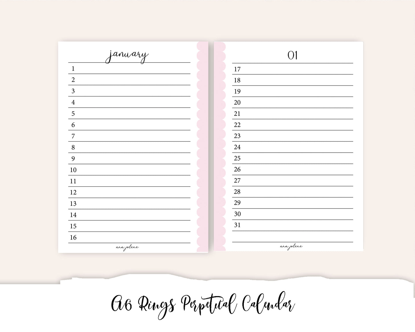 A6 Rings Perpetual Calendar Printable