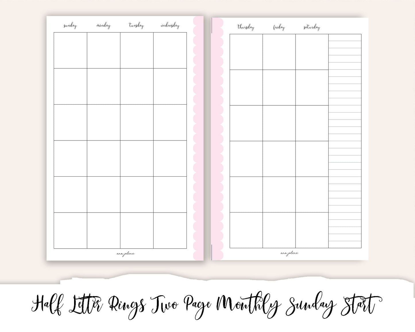 Half Letter Rings Month on Two Pages Sunday Start Printable