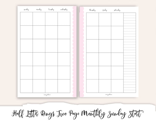 Half Letter Rings Month on Two Pages Sunday Start Printable