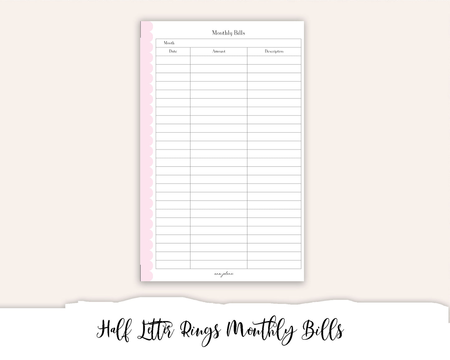 Half Letter Rings Bill Tracker Printable
