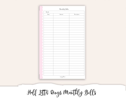 Half Letter Rings Bill Tracker Printable