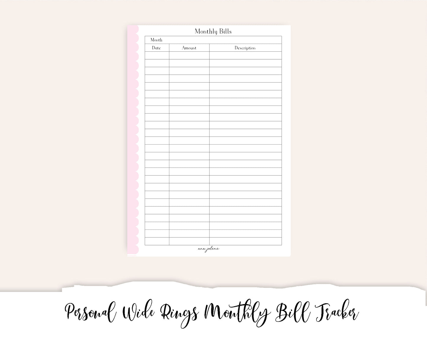 Personal Wide Rings Monthly Bill Tracker (Budget) (Finance Planner) Printable
