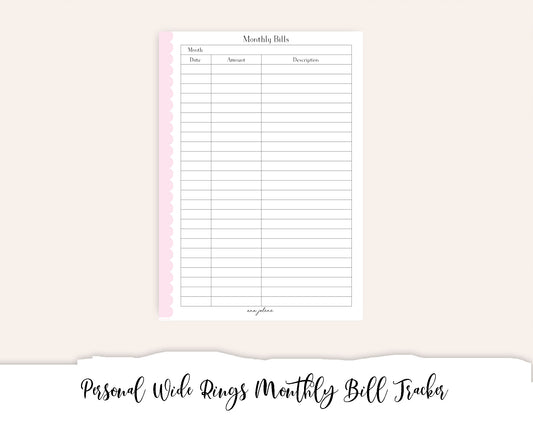 Personal Wide Rings Monthly Bill Tracker (Budget) (Finance Planner) Printable