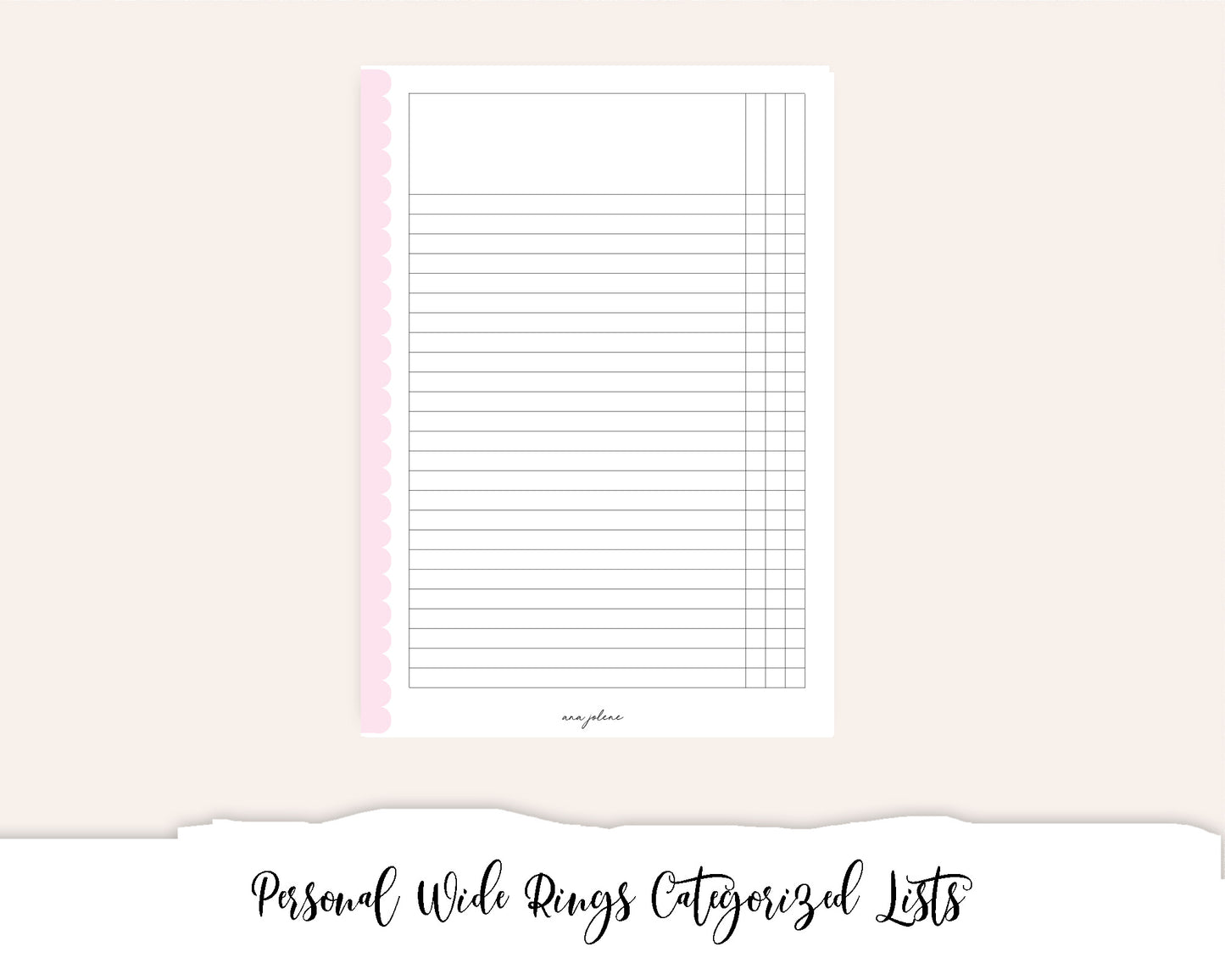 Personal Wide Rings Categorized Lists Tracker Checklist Printable