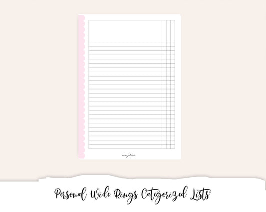 Personal Wide Rings Categorized Lists Tracker Checklist Printable
