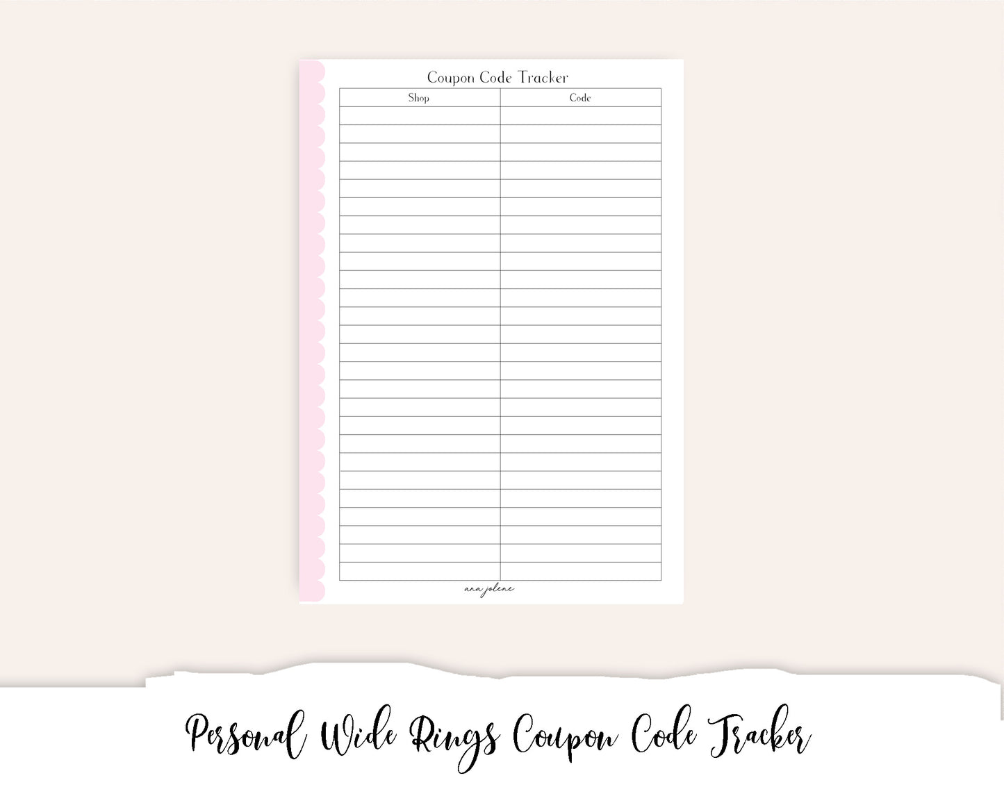 Personal Wide Rings Coupon Code Tracker (Budget) (Finance Planner) Printable
