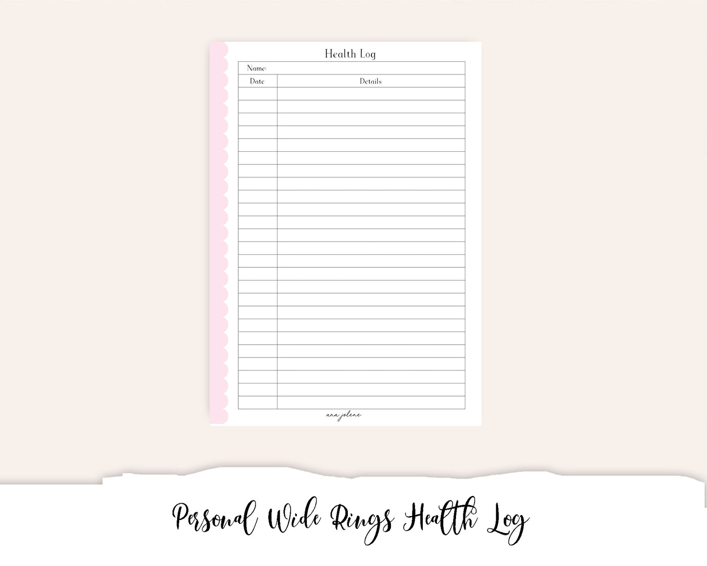 Personal Wide Rings Health Log (Wellness Planner) Printable