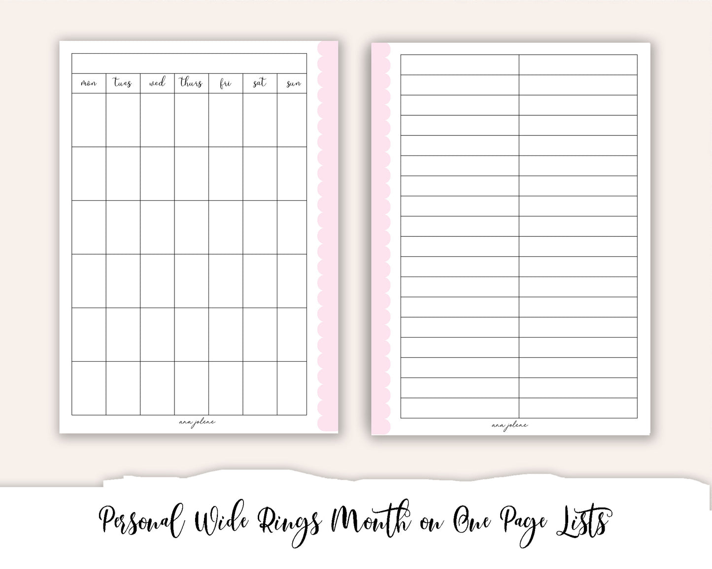 Personal Wide Rings Month on One Page List MON start Printable