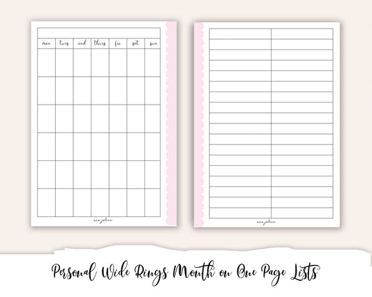 Personal Wide Rings Month on One Page List MON start Printable