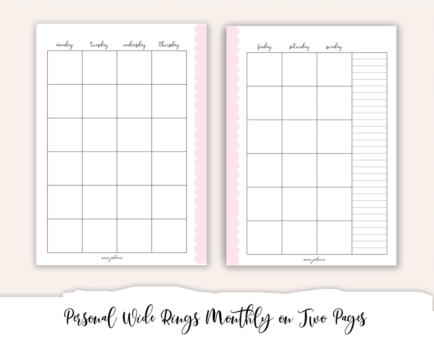 Personal Wide Rings Month on Two Pages MON start Printable
