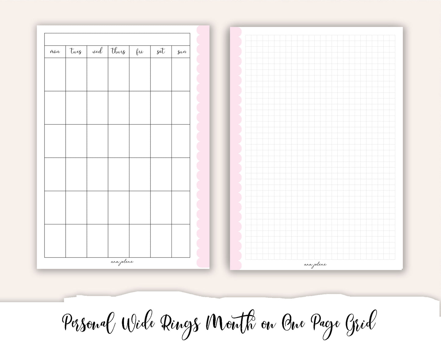Personal Wide Rings Month on One Page Grid MON start Printable