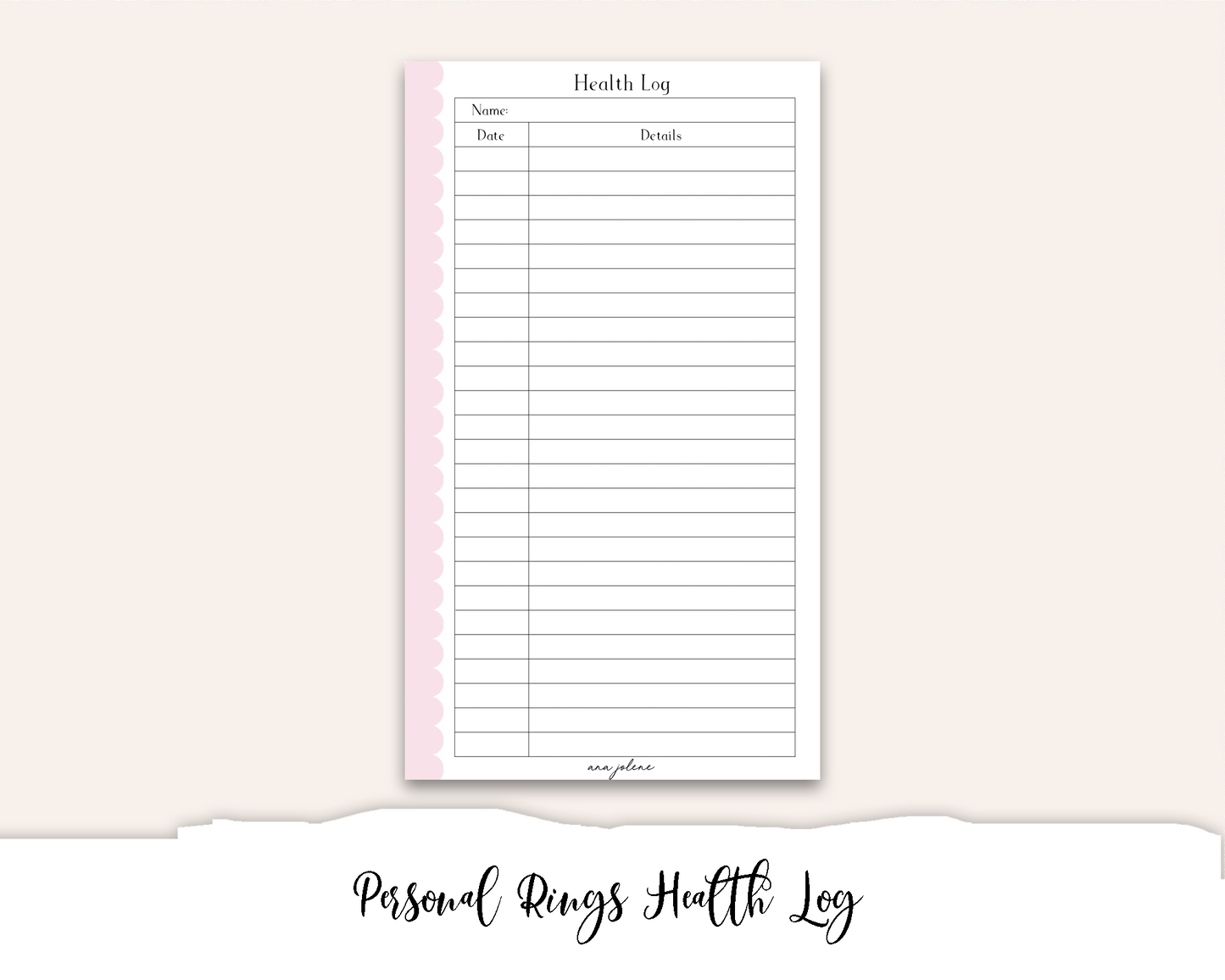 Personal Rings Health Log Printable