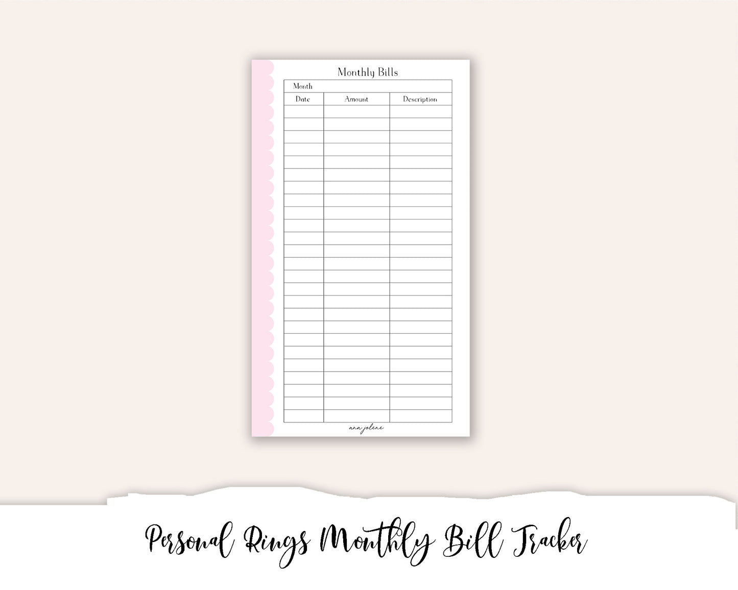 Personal Rings Monthly Bill Tracker Printable