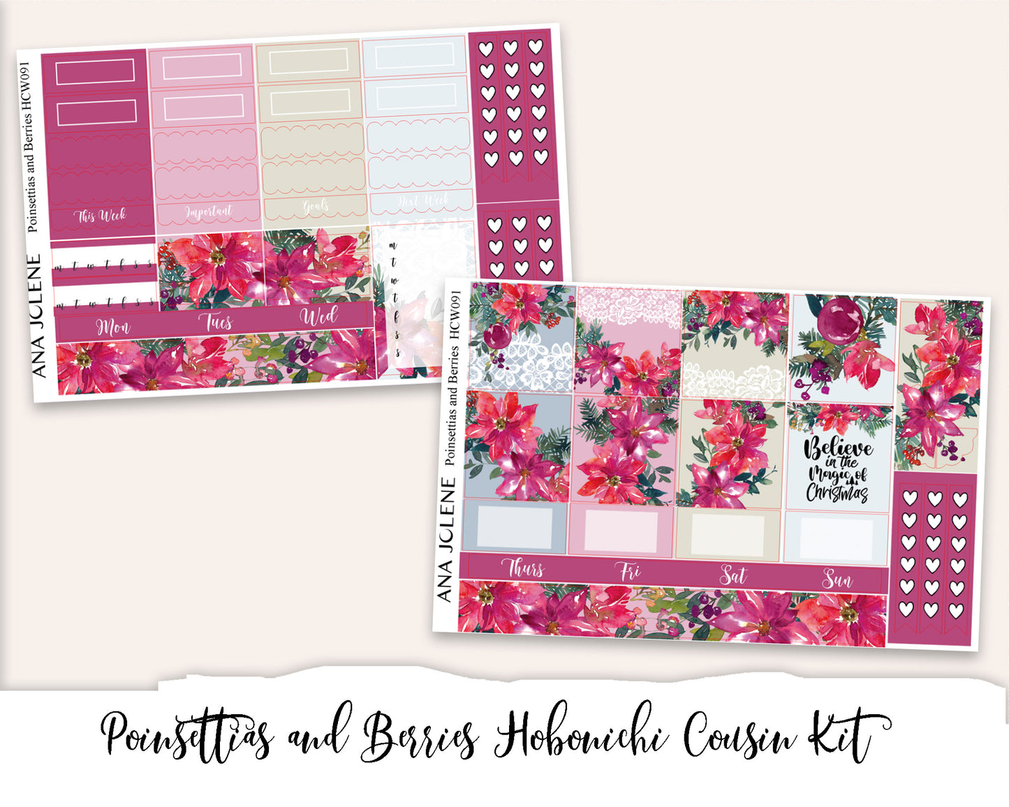 POINSETTIAS AND BERRIES Hobonichi Cousin Weekly Planner Sticker Kit