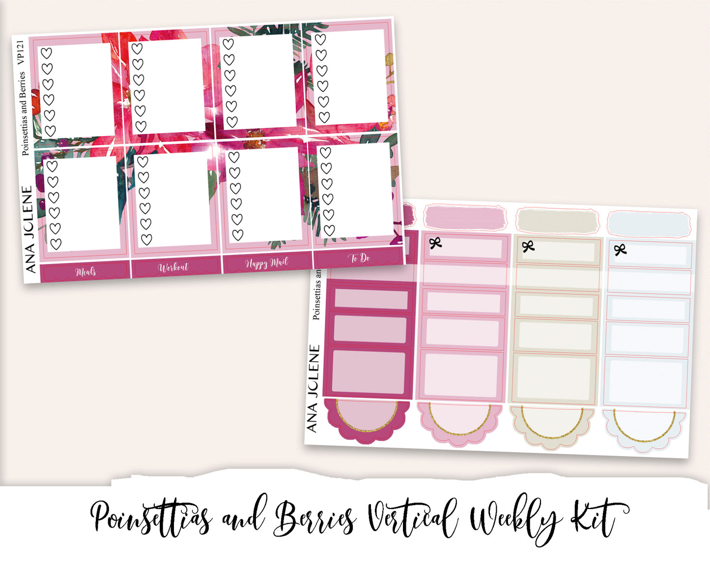 POINSETTIAS AND BERRIES Planner Sticker Kit (Vertical Weekly)