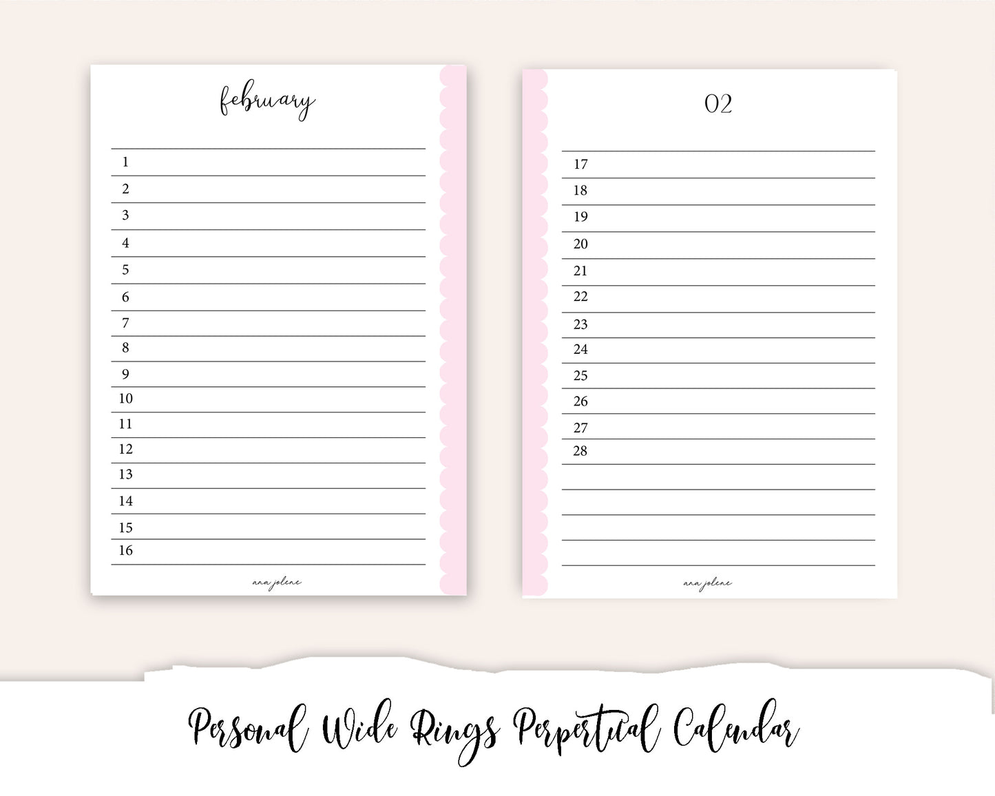 Personal Wide Rings Perpetual Calendar Printable