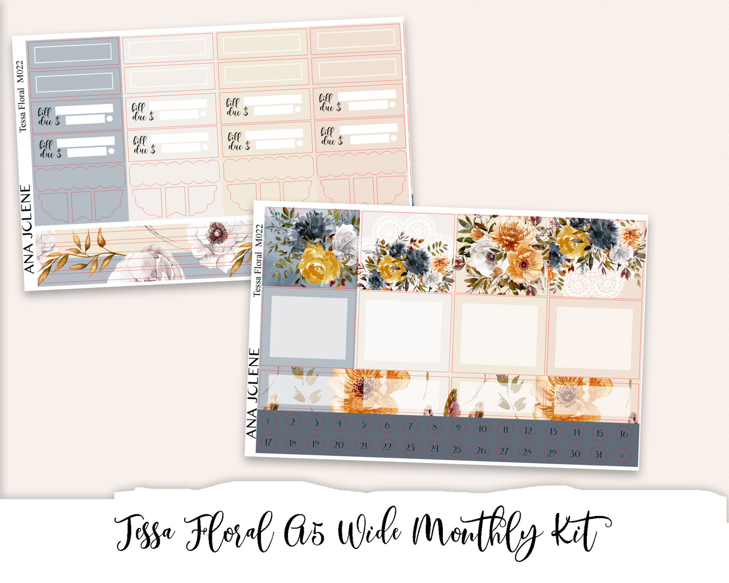 TESSA FLORAL Monthly Planner Sticker Kit (A5Wide)