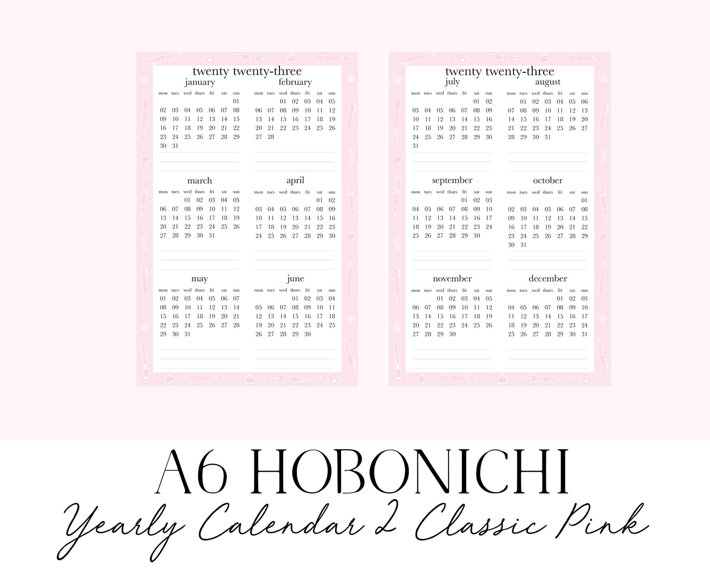 A6 Hobonichi 2023 Yearly Calendar 2 Classic Pink (Full Page Printable Stickers)