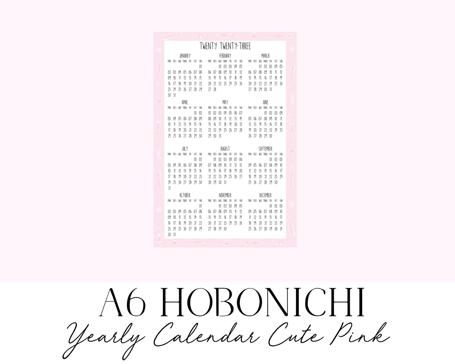 A6 Hobonichi 2023 Yearly Calendar Cute Pink (Full Page Printable Stickers)