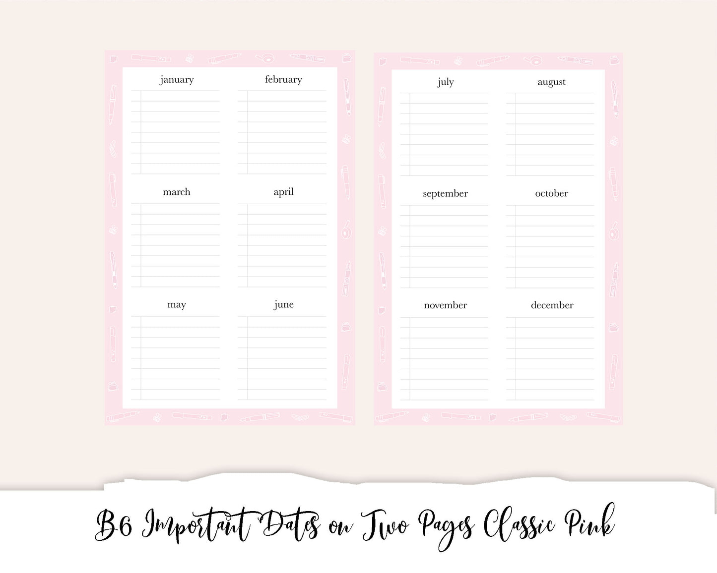 B6 Important Dates on 2 Pages Classic Pink (Full Page Printable Stickers)