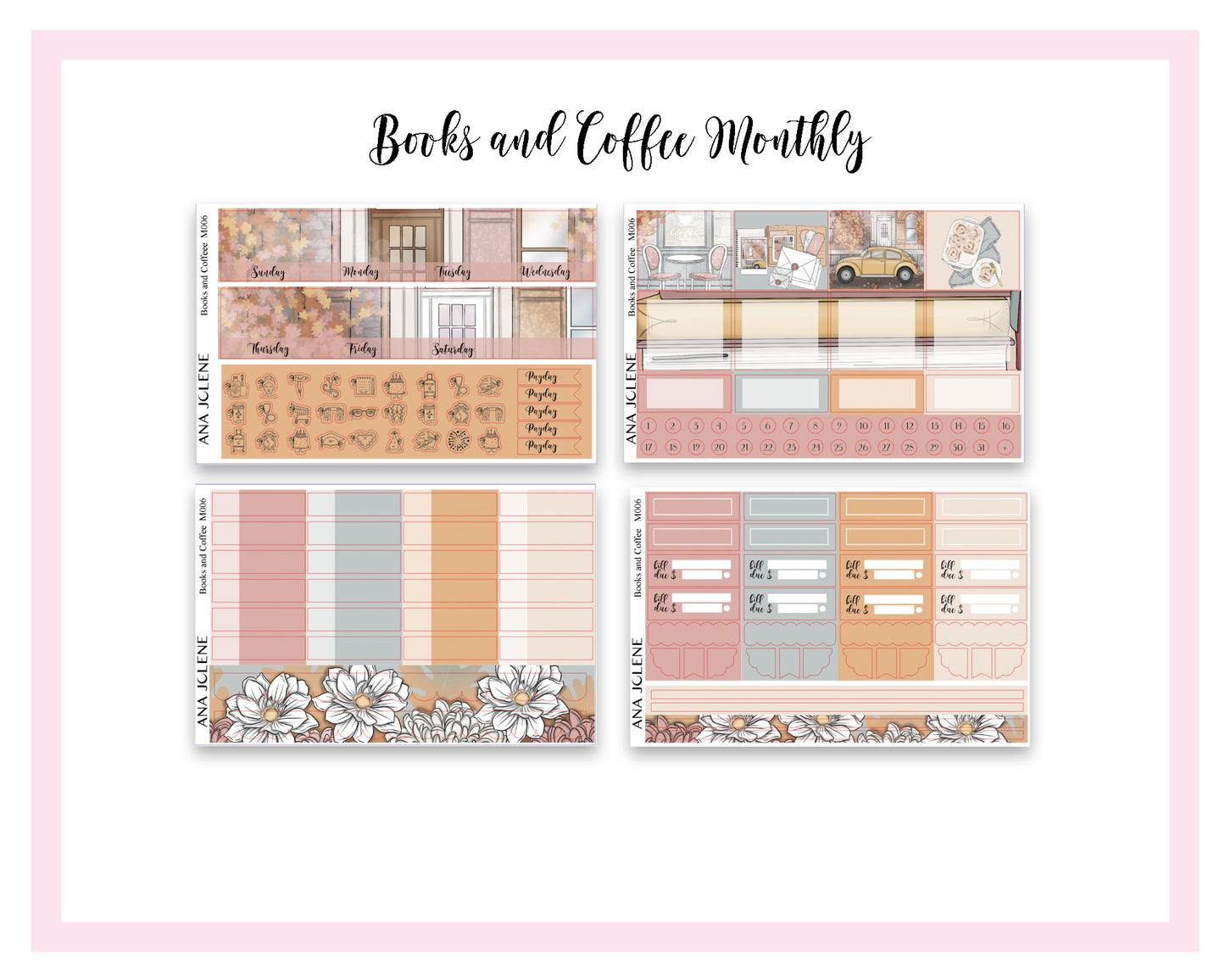 BOOKS AND COFFEE Monthly Planner Sticker Kit (A5Wide)
