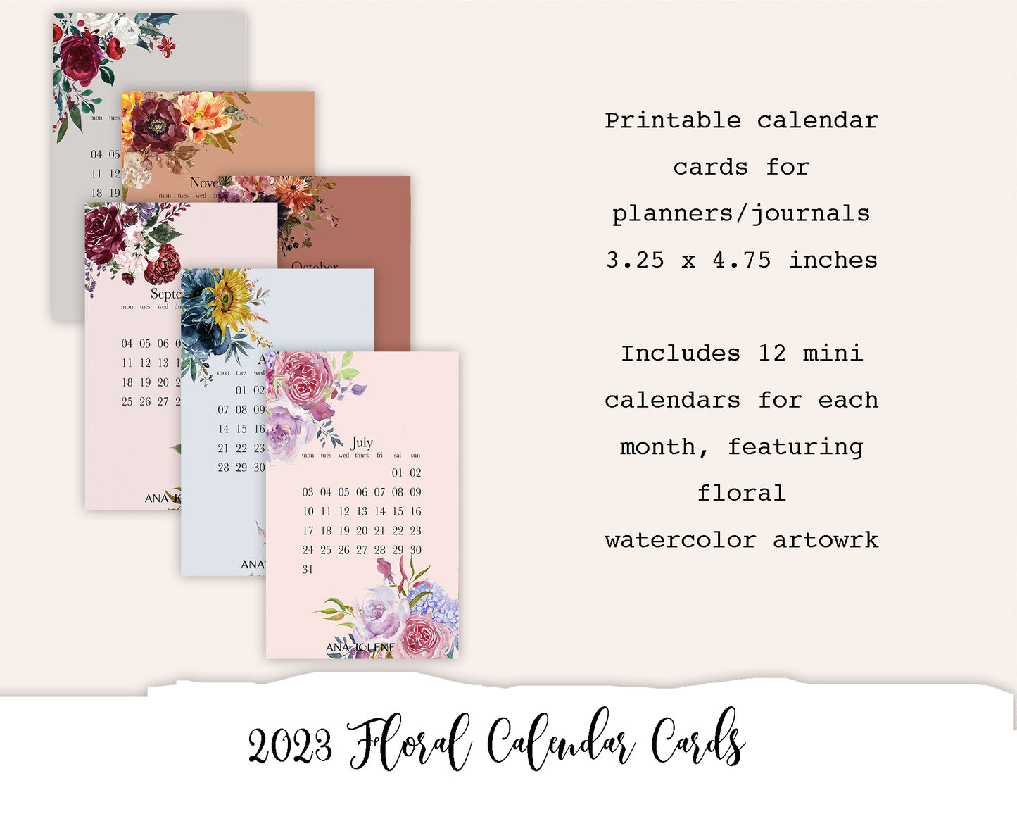 2023 Floral Calendar Journal Cards Printable