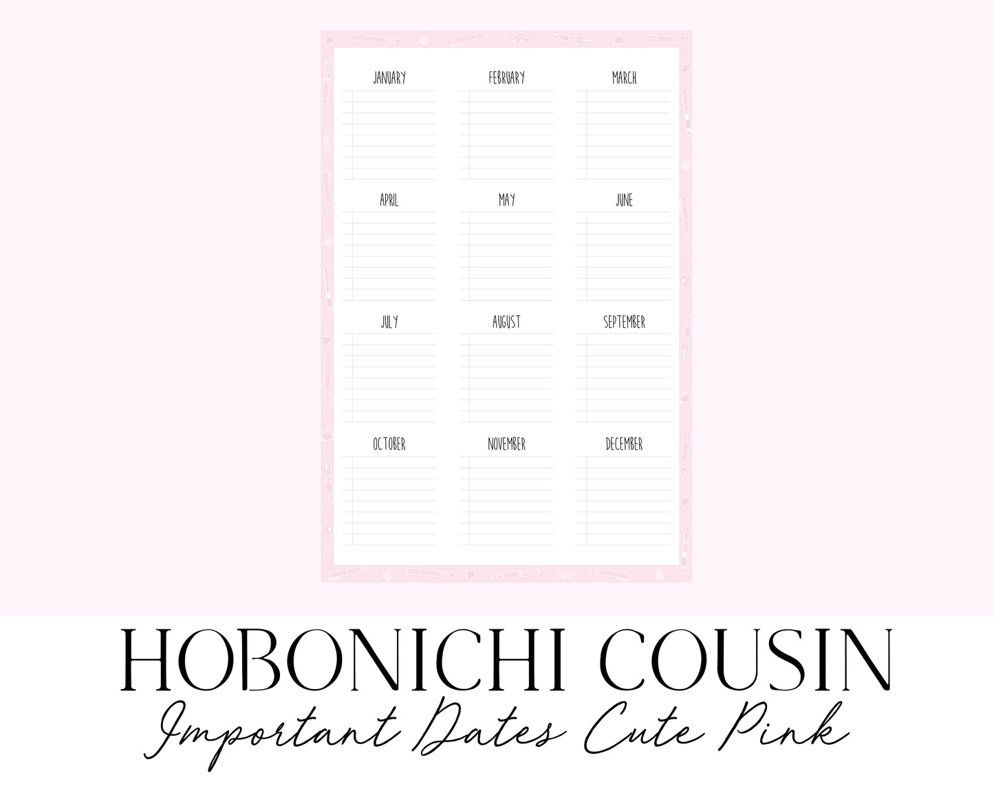Hobonichi Cousin A5 Important Dates Cute Pink (Full Page Printable Stickers)