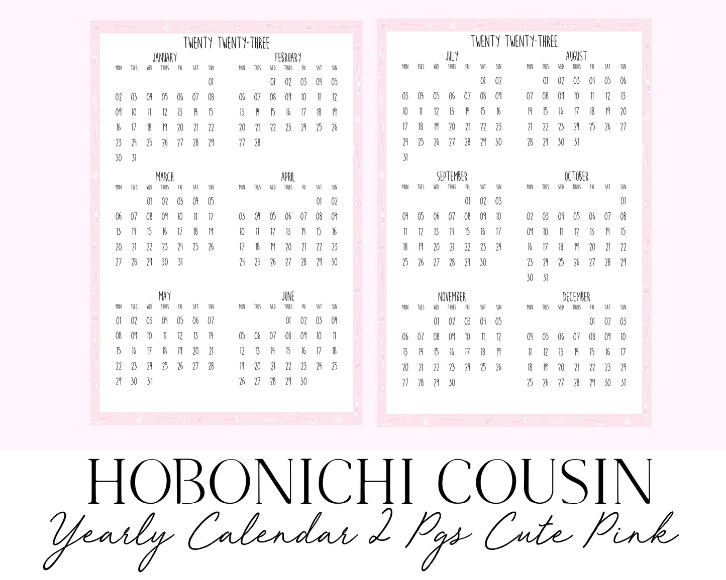 Hobonichi Cousin A5 2023 Yearly Calendar 2 pgs Cute Pink (Full Page Printable Stickers)