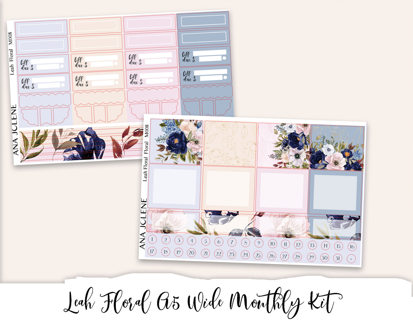 LEAH FLORAL Monthly Planner Sticker Kit (A5 Wide)
