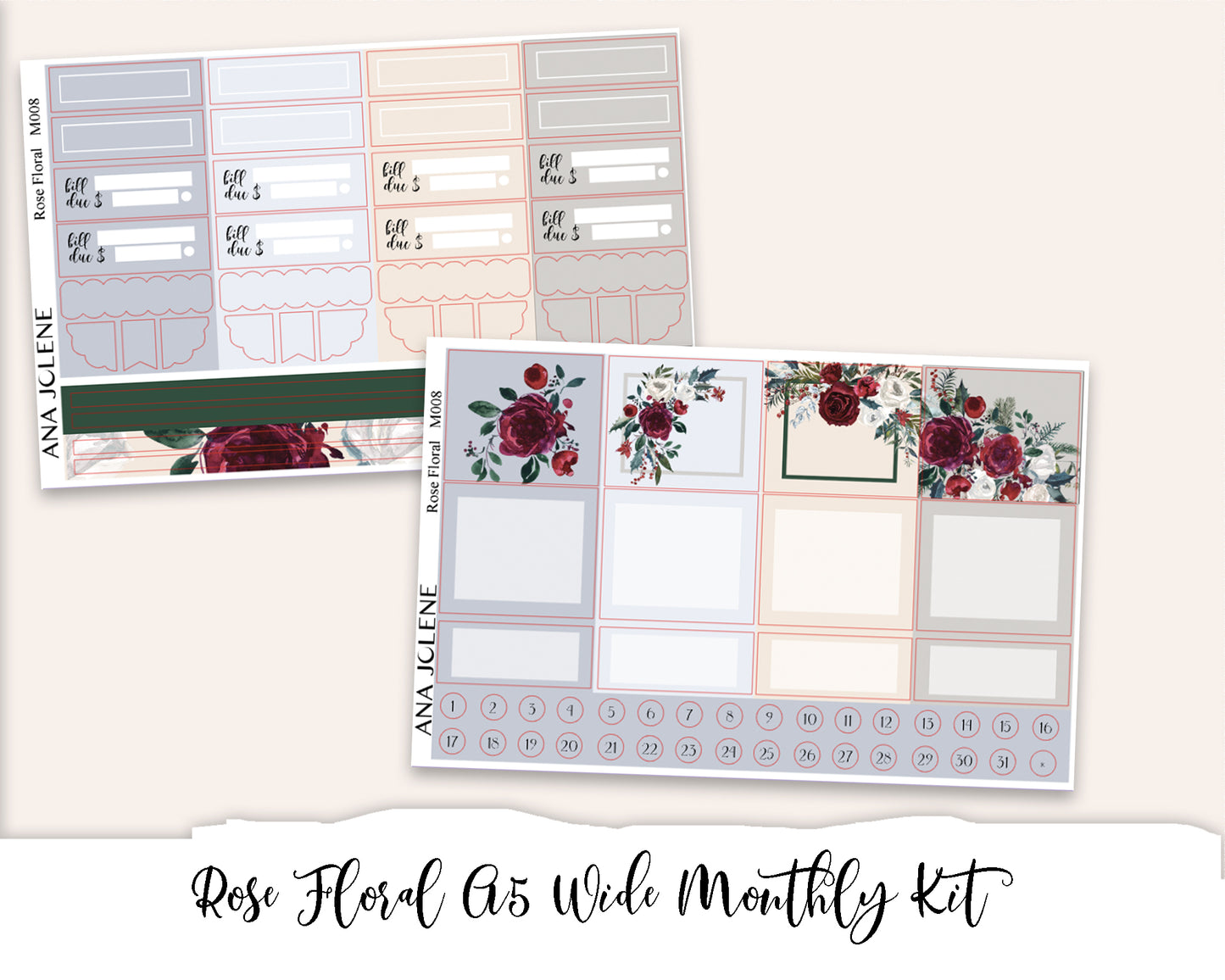 ROSE FLORAL Monthly Planner Sticker Kit (A5Wide)