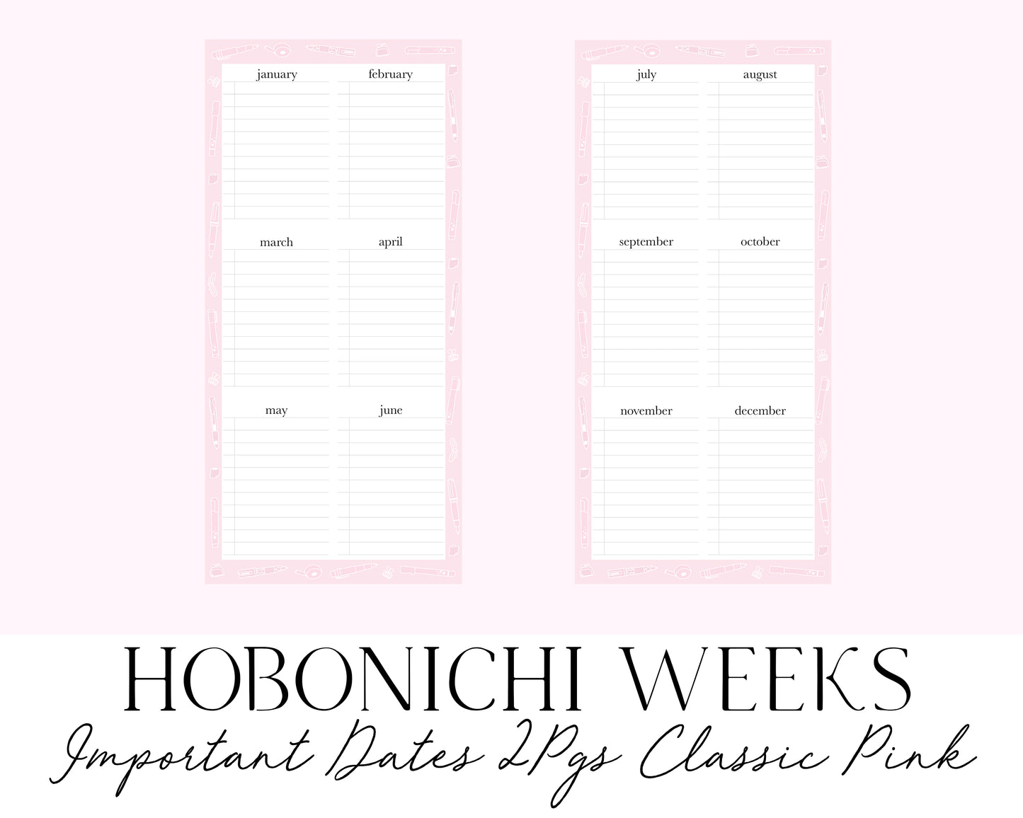 Hobonichi Weeks Important Dates 2 pgs Classic Pink (Full Page Printable Stickers)