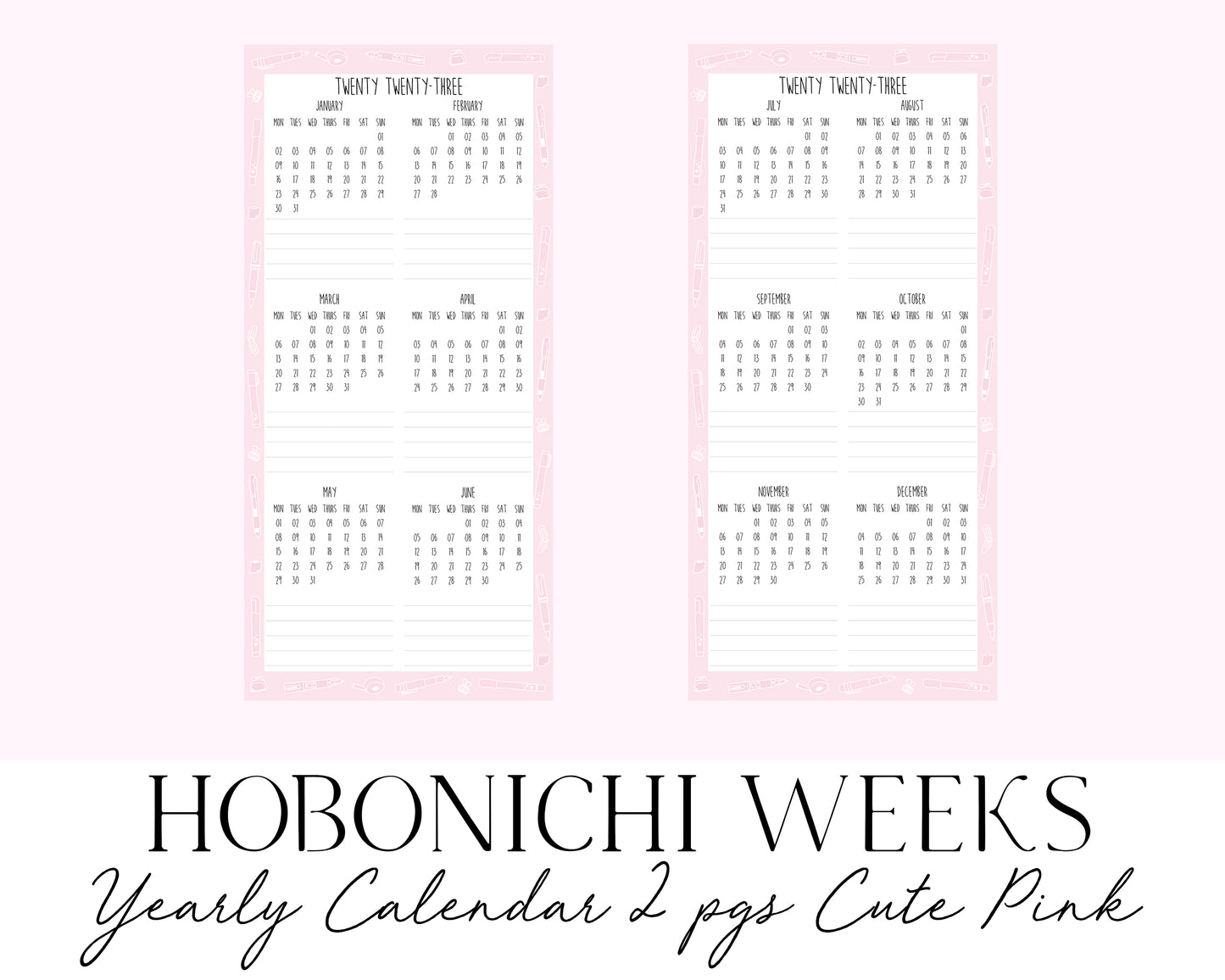 Hobonichi Weeks 2023 Yearly Calendar 2pgs Cute Pink (Full Page Printable Stickers)