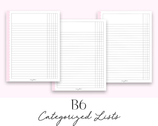 B6 Rings Categorized Lists Printable