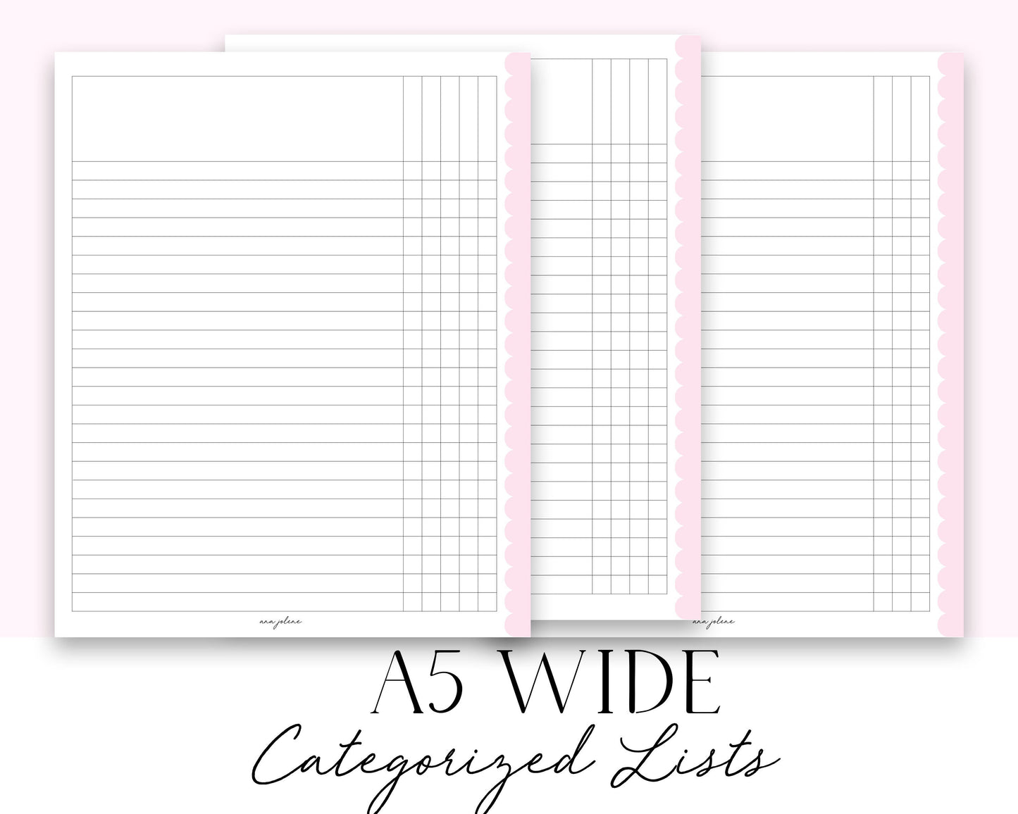 A5 Wide Categorized Lists Printable